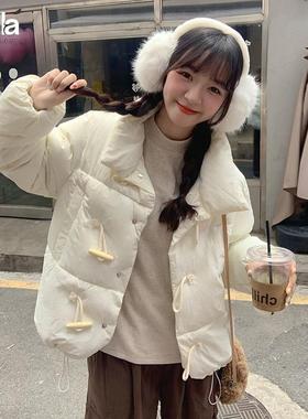 拉夏贝尔Puella韩版时尚牛角扣棉服女士春装百搭小个子棉衣短外套