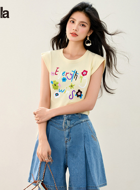 拉夏贝尔精美字母花卉印花小飞袖T恤百搭减龄甜美上衣女