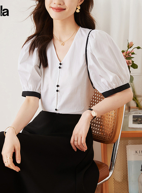拉夏贝尔Puella法式白色V领泡泡袖女衬衫2025新款设计感小众上衣