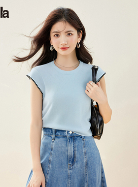 拉夏贝尔设计感小众褶皱圆领飞飞袖T恤独特别致薄款针织衫