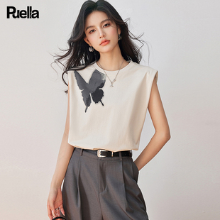 拉夏贝尔Puella2025夏季 蝴蝶剪影印花纯棉T恤背心上衣女 法式 时尚