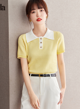 拉夏贝尔Puella法式时尚清新亮色格子短袖T恤正肩Polo衫ins上衣女