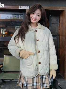 拉夏贝尔Puella小香风短款棉衣棉服女撞色翻领菱格宽松春装季外套
