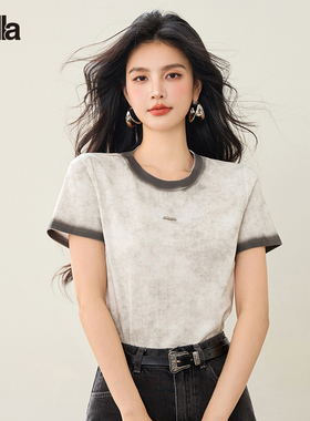 拉夏贝尔时尚减龄拼色短袖T恤女夏季修身显瘦百搭撞色上衣