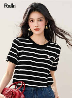 拉夏贝尔高级感撞色条纹短袖T恤女装夏季刺绣宽松休闲上衣