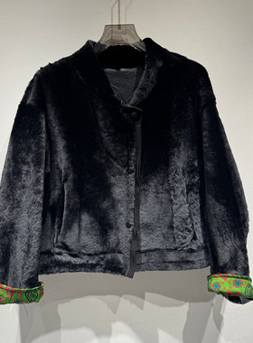 欧洲站2025冬季时尚V领复古保暖宽松羊皮皮草外套女款欧货95196
