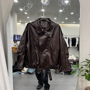 翻领配腰带绵羊皮宽松外套女款 时尚 欧货26002 新款 欧洲站2026春季