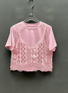 欧洲站2026早夏新款时尚圆领蕾丝拼接假两件短袖T恤女款欧货3559