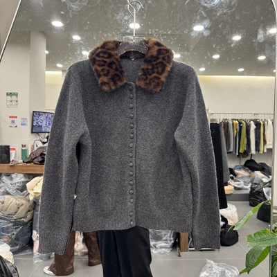 欧洲站冬季豹纹毛领羊毛开衫女款