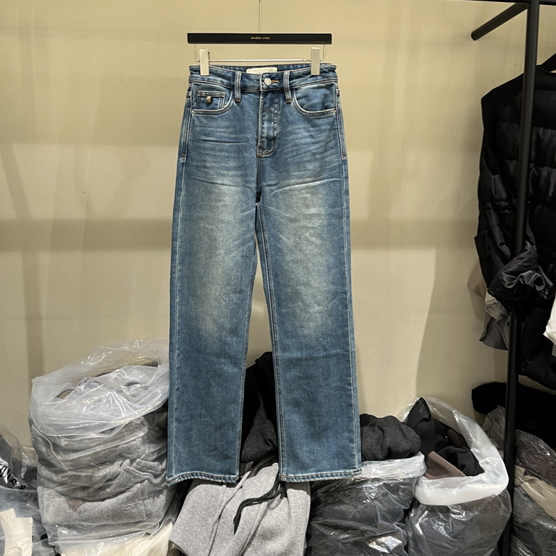 欧洲站2025冬季新款时尚高腰纯色直筒加绒牛仔裤女款欧货23287