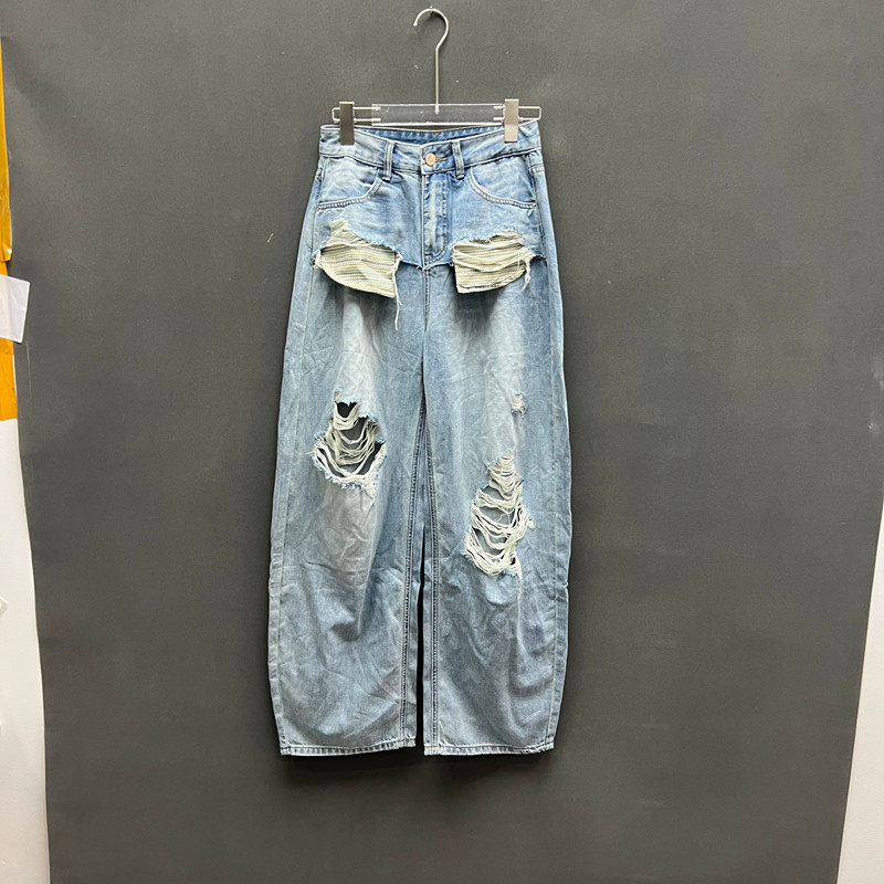 欧洲站2026早夏新款时尚高腰破洞水洗宽松阔腿牛仔裤女款欧7192
