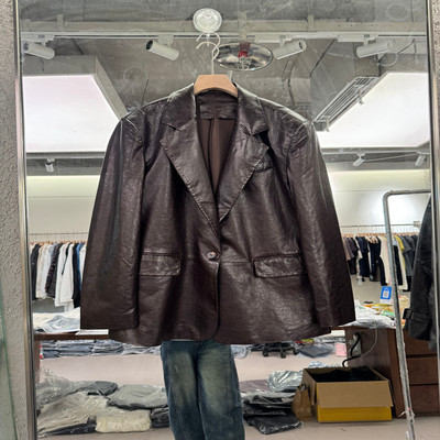 欧洲站西装领绵羊皮中长款皮衣女