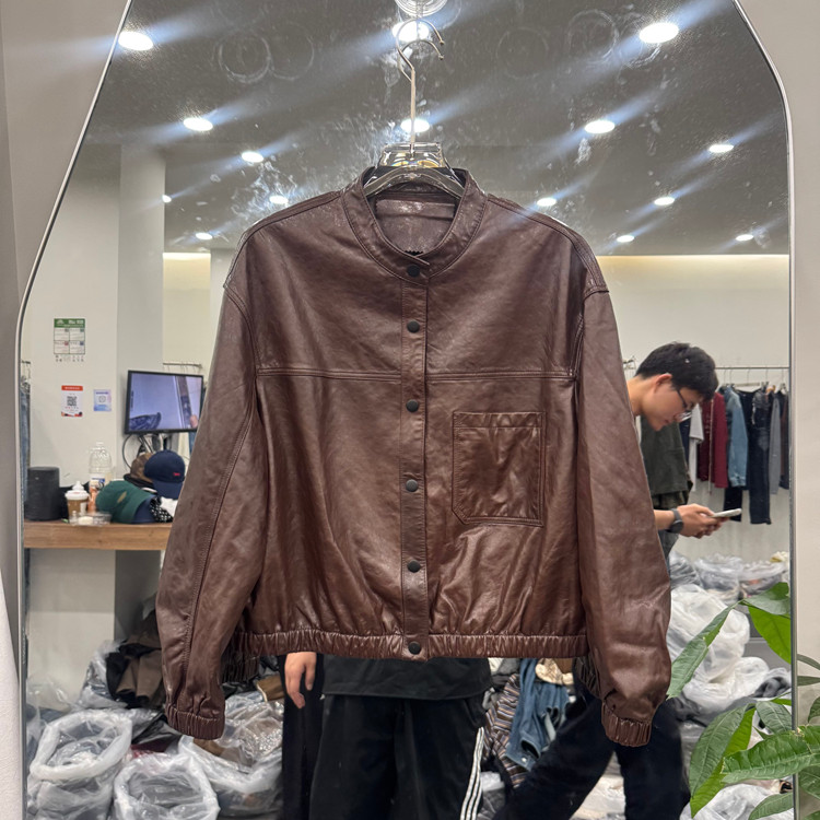 欧洲站立领单排扣长袖绵羊皮皮衣