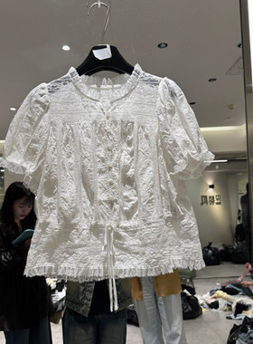 欧洲站2026早夏新款时尚圆领半扣系带花边蕾丝短袖衬衫女欧货2331