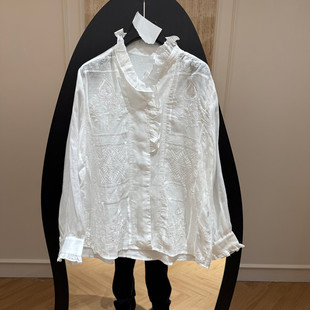 欧洲站2026春季新款时尚立领木耳边苎麻重工衬衫女款欧货90091