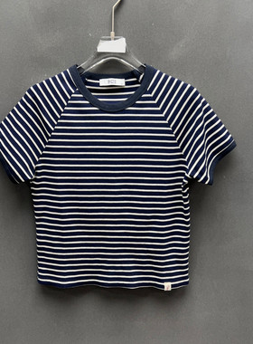 欧洲站2026春季新款时尚圆领撞色条纹宽松短袖T恤女款欧货5395