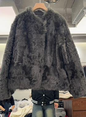 欧洲站2025冬季新款立领纯色简约宽松毛毛外套冬季保暖外套27182