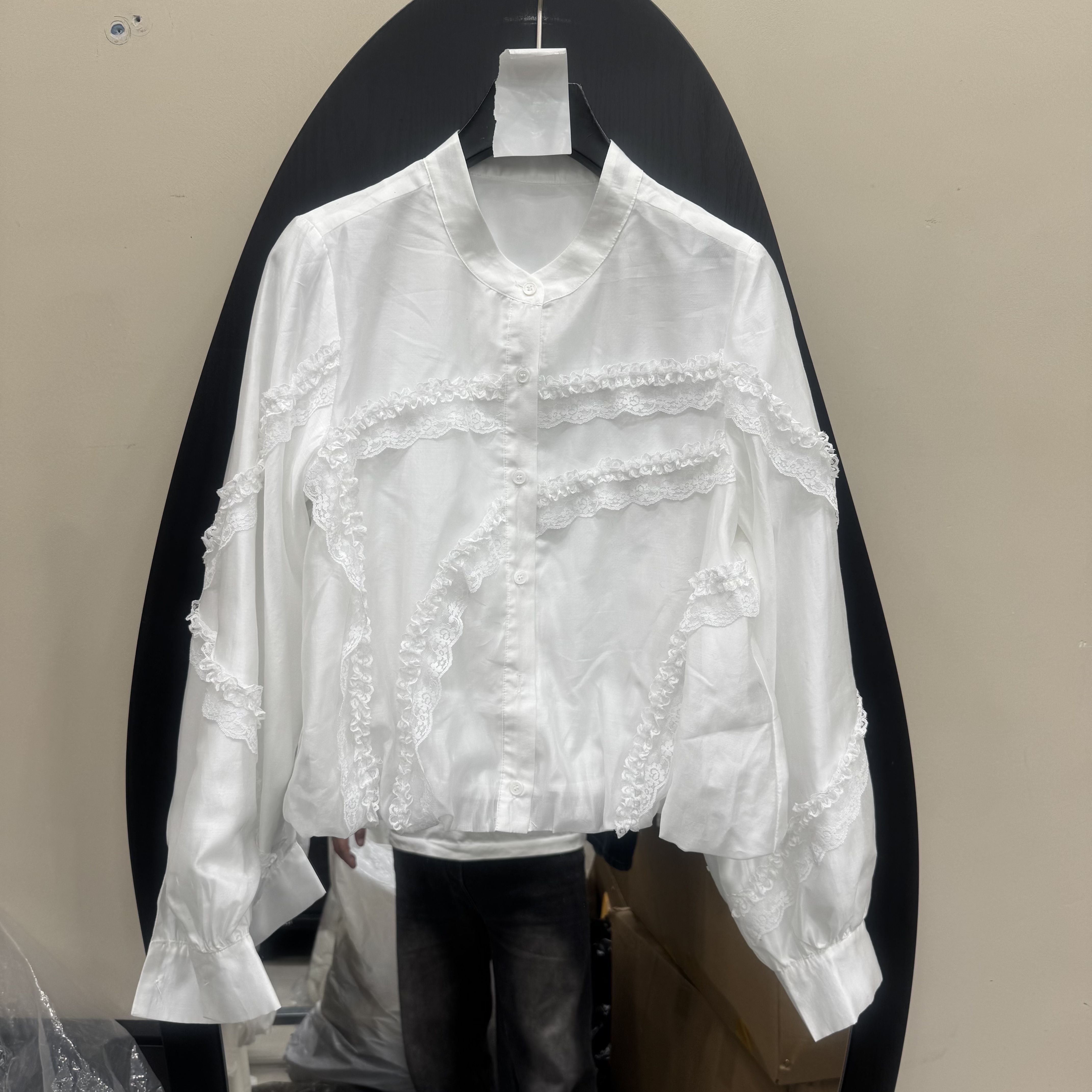 蕾丝拼接衬衫长袖宽松立领