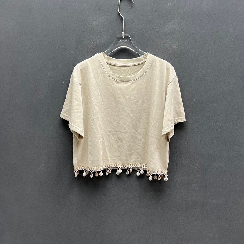 欧洲站2026早夏新款时尚圆领球球织流苏花边短袖T恤女款欧货3564
