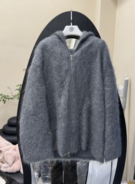 欧洲站2025冬新款貉绒毛毛连帽拉链开衫女宽松毛绒毛衣外套24458