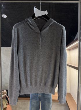 欧洲站2025冬新款极简风连帽纽扣羊毛针织衫套头毛衣打底衫58539