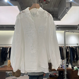 欧洲站2026春季新款时尚翻领苎麻重工钩花蕾丝长袖衬衫女款欧货