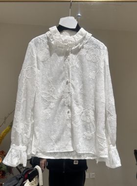 欧洲站2025冬新款复古蕾丝刺绣花边立领长袖衬衫女气质上衣70183