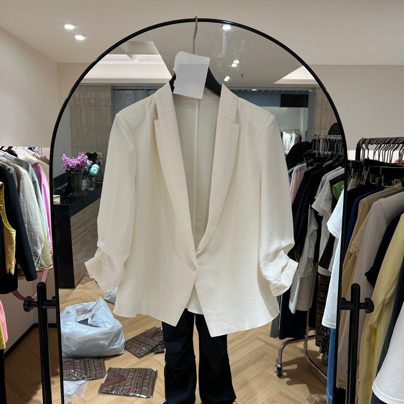 欧洲站2026早夏新款时尚翻领七分袖一粒扣亚麻西装外套女欧货6513