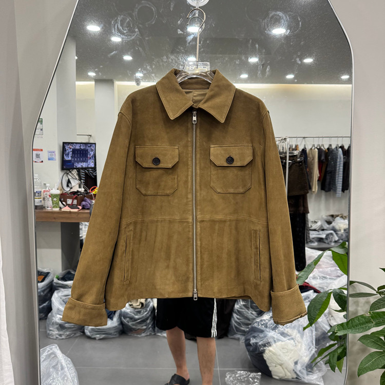 欧洲站翻领拉链长袖羊皮皮衣外套