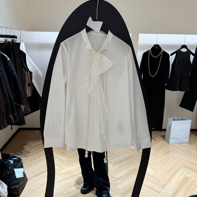 欧洲站春季优雅V领飘带领衬衫女