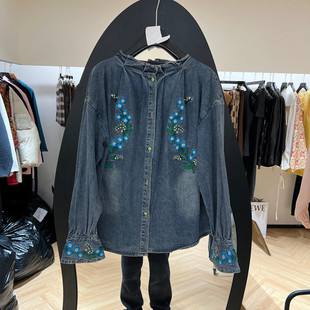 欧洲站2026春季新款时尚复古风立领刺绣花朵牛仔衬衫女款欧货5163