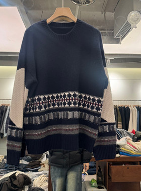 欧洲站2025冬季新款时尚圆领撞色费尔岛提花羊绒针织衫毛衣女欧货