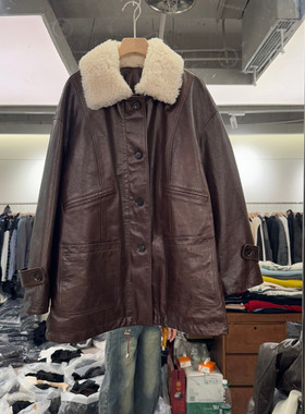 欧洲站2025冬季新款时尚翻毛领纯色简约羊皮鹅绒皮衣外套女款1729