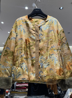 欧洲站2025冬季新款时尚圆领长袖拼接水貂毛袖口宽松外套女69156