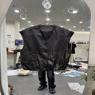 欧洲站2026春季新款时尚V领单排扣绵羊皮马甲外套女款欧货3398