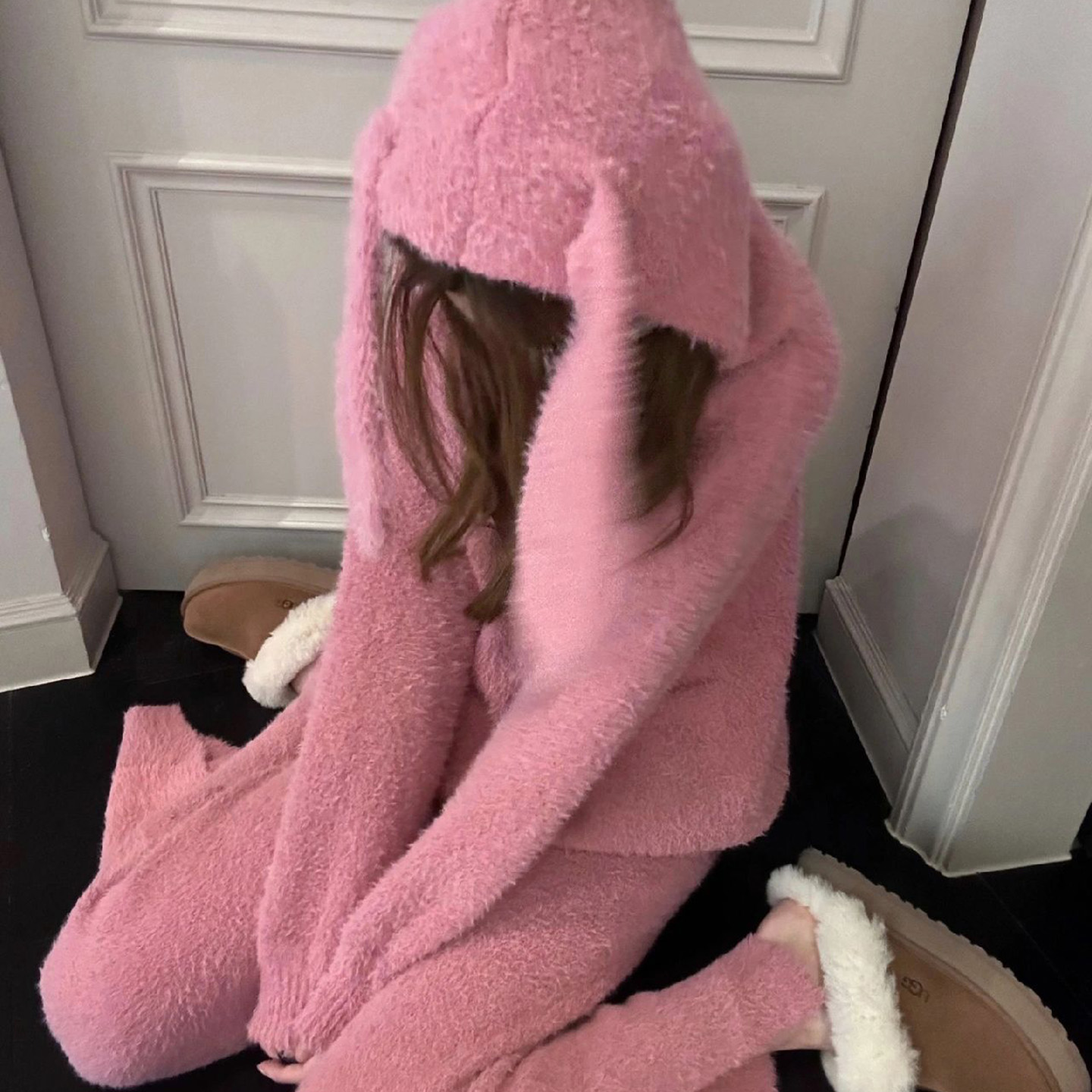 甜美兔子连帽半边绒睡衣