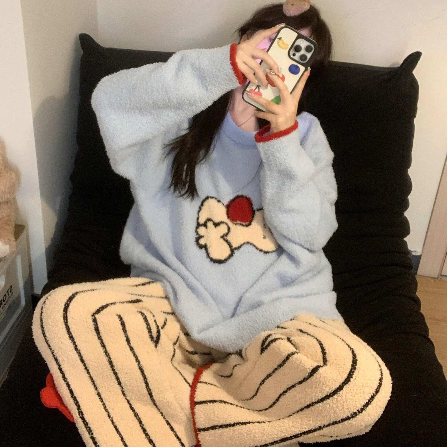 半边绒睡衣女2025秋冬季可爱卡通