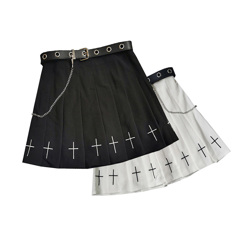 暗黑系黑色百褶裙女装十字架刺绣半身裙朋克风短裙百搭高腰a字裙