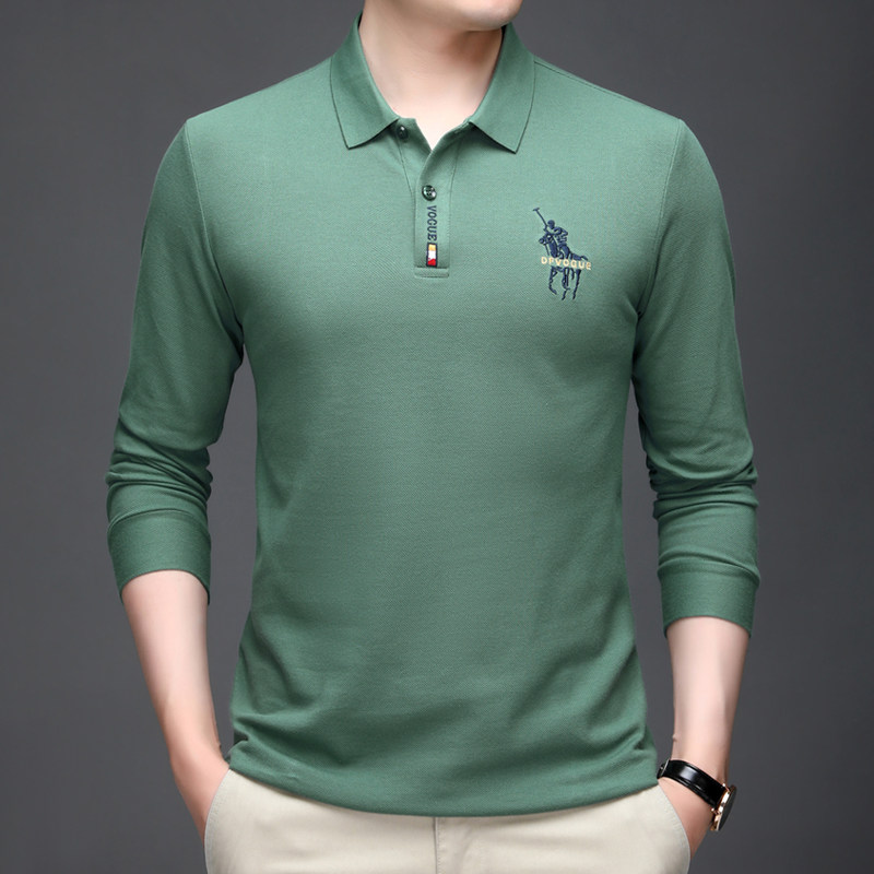 SPRING AND AUTUMN PURE COTTON POLO SHIRT MENS THICK LONG-SLEEVED HIGH-END T-SHIRT LAPEL EMBROIDERY MIDDLE-AGED DAD LED LARGE SIZE A