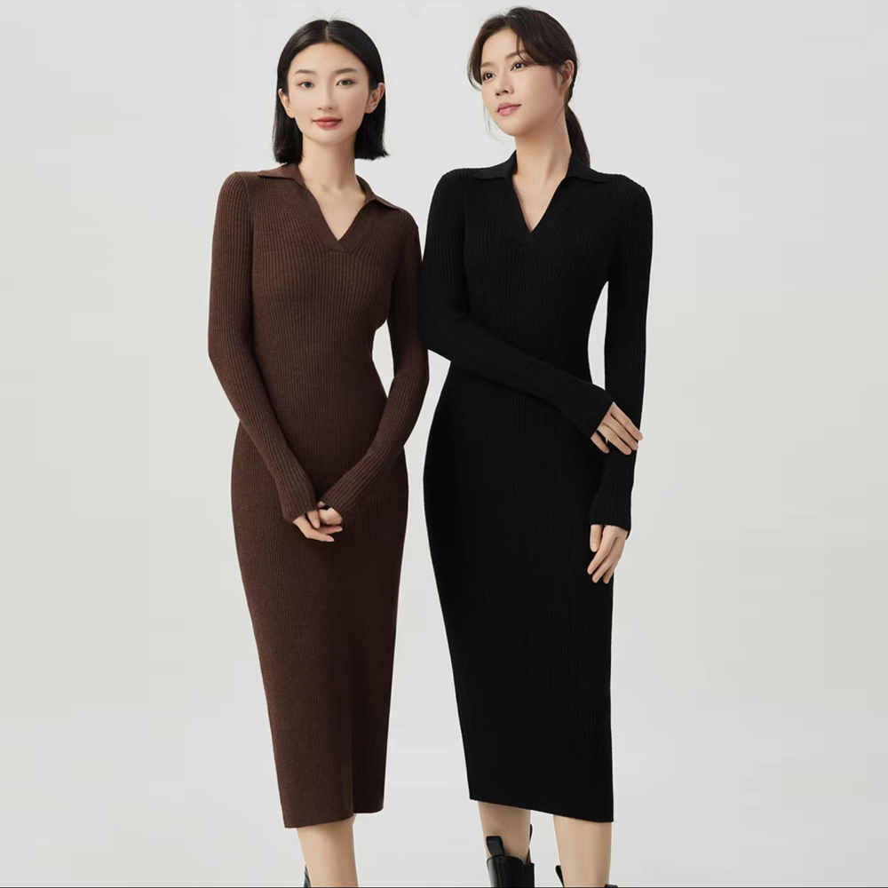 白领哥弟新款2023秋季羊毛V型翻领针织衫洋装长款连衣裙女A500281
