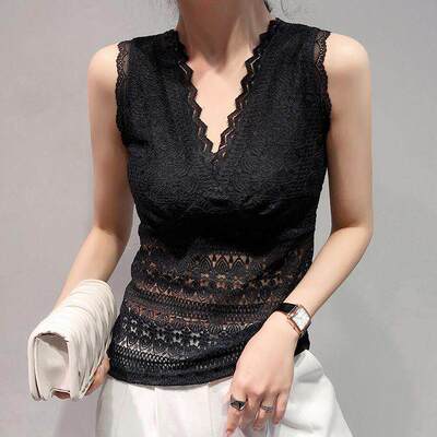 2026夏季新款修身无袖蕾丝打底衫女美式内搭V领吊带上衣镂空背心