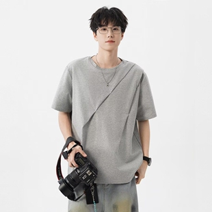 上衣 型夏季 清仓处理特殊剪裁斜褶拼接cleanfit短袖 T恤男女boxy版