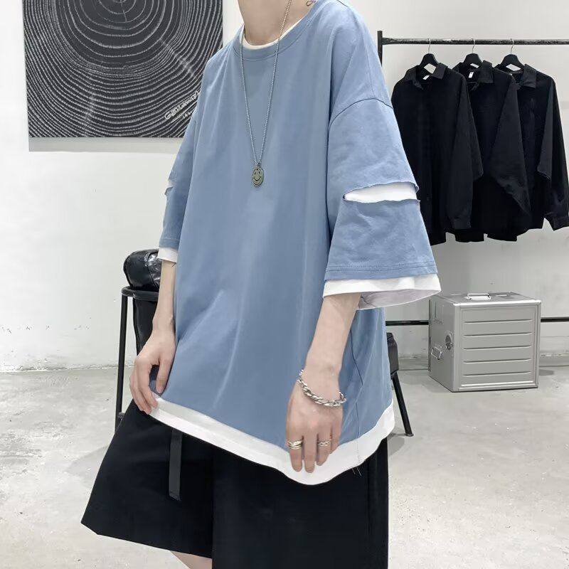 假两件破烂重磅短袖t恤夏季美式潮牌oversize小领口高级感七分袖