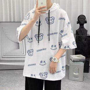 连帽短袖T恤男生hiphop满印休闲小众帅气五分袖潮牌夏季卫衣半袖