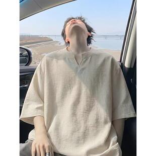 中国风亚麻冰丝速干V领短袖t恤男士夏季新款宽松大码纯色男生上衣