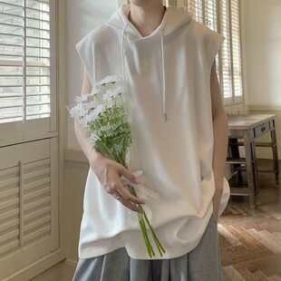 华夫格连帽背心男夏季潮牌ins高街宽松坎肩无袖卫衣运动健身T恤衫