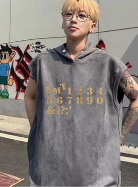 灰色美式连帽背心2026新款男无袖短袖卫衣印花T恤宽松痞帅坎肩