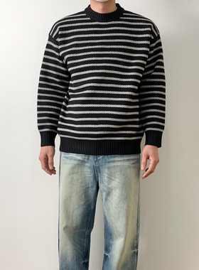 NSEEKE圆领套头条纹针织衫毛衣男春秋季新款重磅百搭休闲宽松上衣