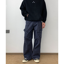 NSEEKE美式复古藏蓝色多口袋褶皱工装裤男纯棉宽松直筒阔腿长裤子