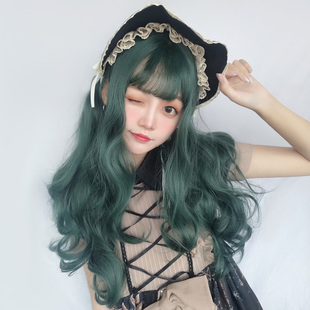 假发北极星绿雾绿长卷发绿头发女孩长发蜥蜴绿墨绿色全头套lolita